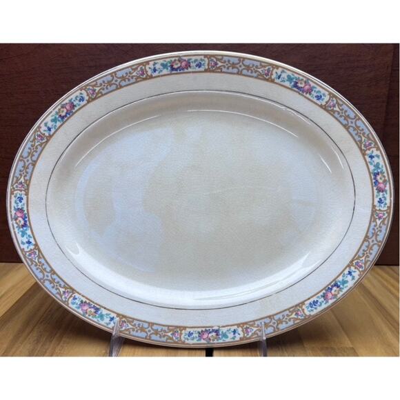 Antique Mercer Late 1800s Ceramic Floral Border Serving Platter Crackled Glaze - Picture 1 of 15
